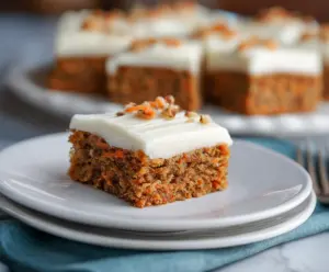 Delicious homemade carrot cake bars with cream cheese frosting and grated carrots on top.