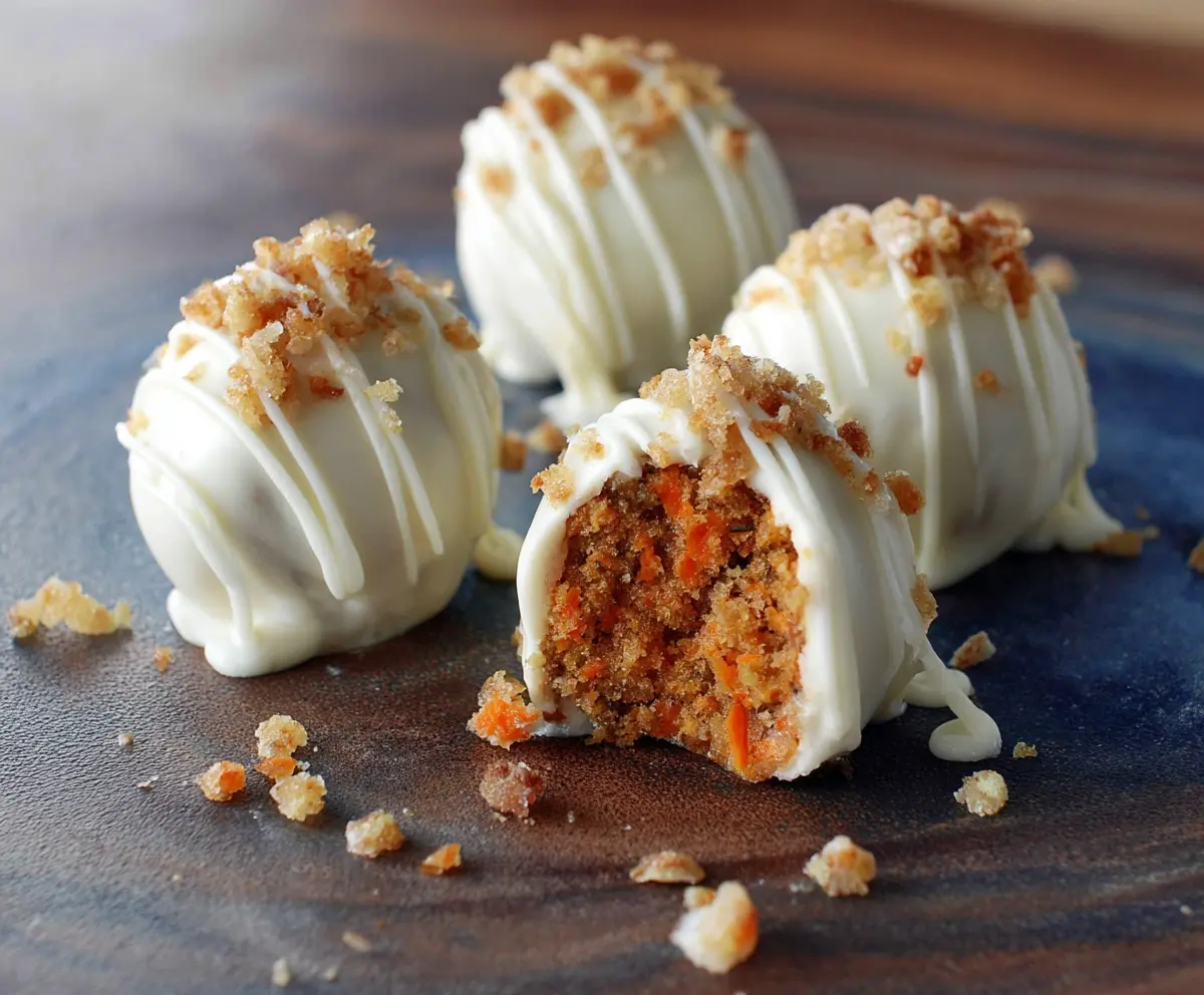 Delicious carrot cake truffles with cream cheese frosting and grated carrots on a dessert plate.