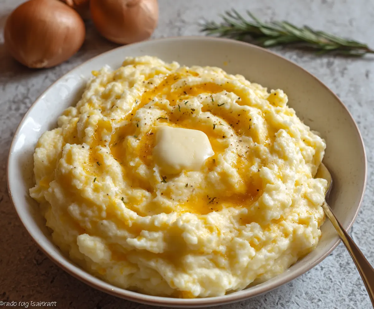 Creamy cheddar garlic mashed potatoes served as a savory side dish