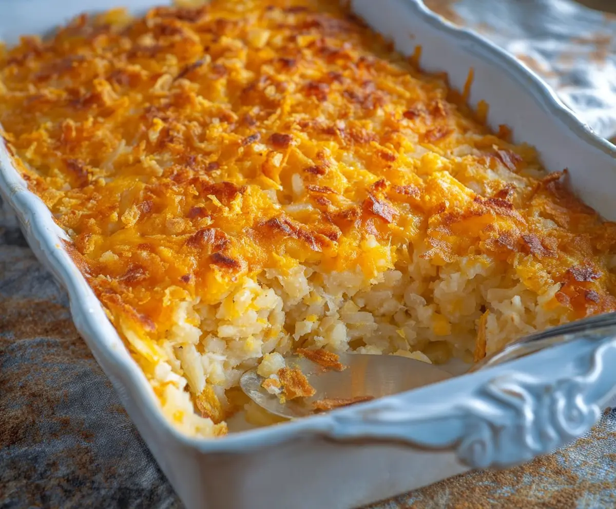 Delicious cheesy hashbrown potato casserole topped with melted cheese, perfect for family dinners.
