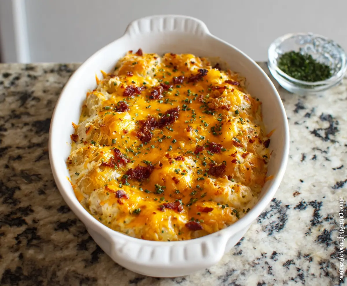 Delicious Cheesy Ranch Potatoes topped with melted cheese and fresh herbs, perfect for a comforting side dish.
