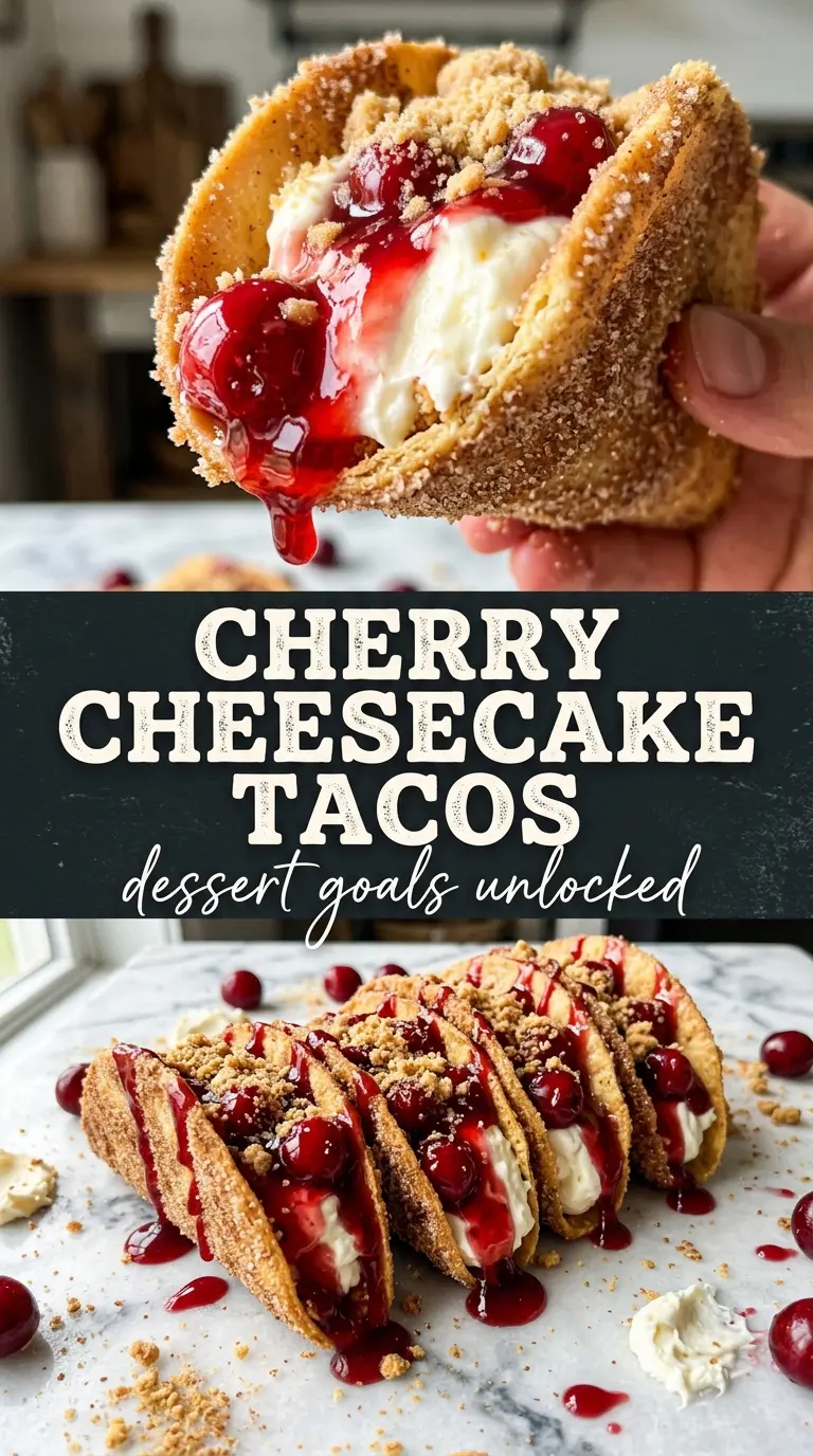 Cherry Cheesecake Tacos with creamy filling, cinnamon sugar, cherry topping