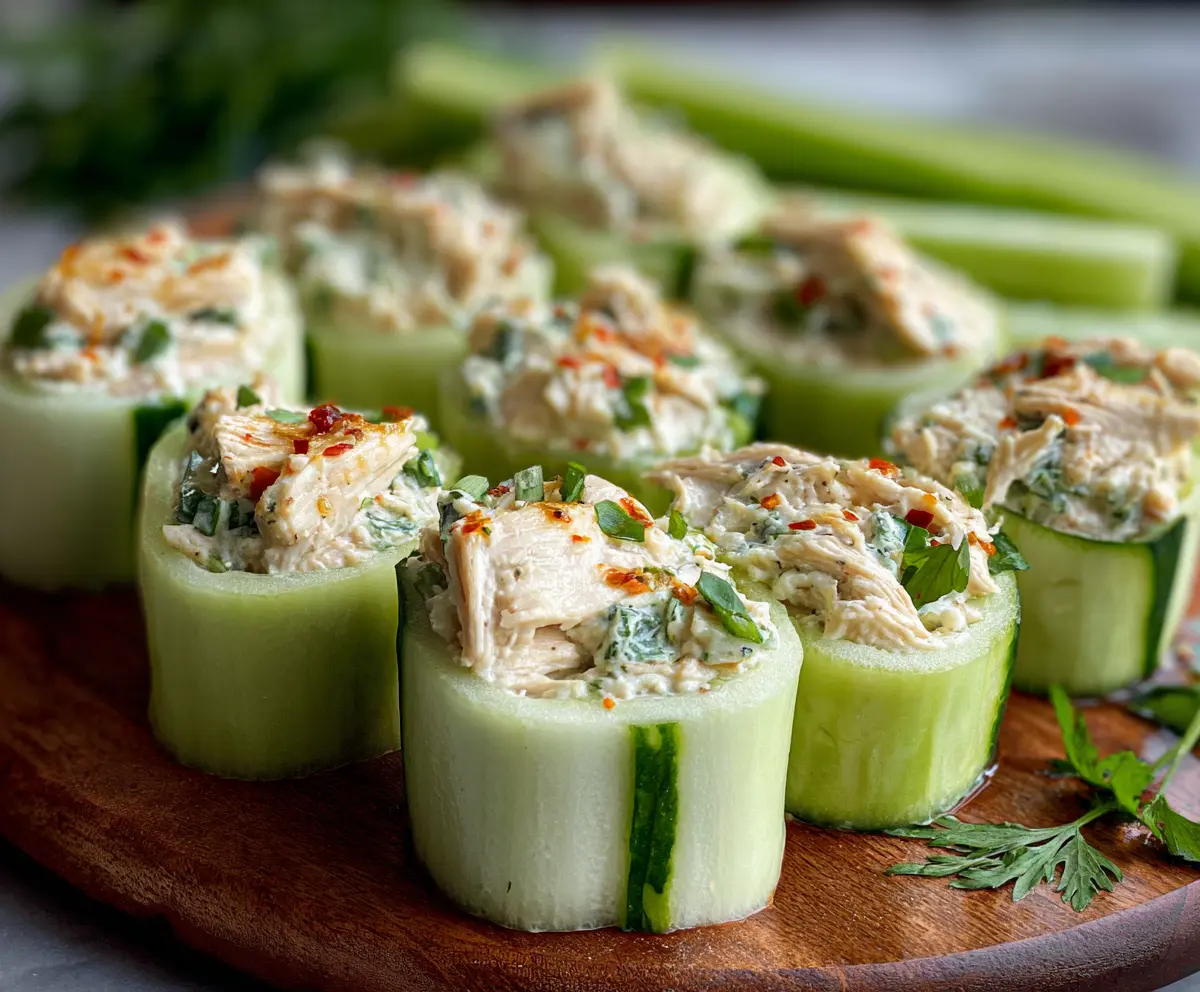 Delicious chicken salad cucumber roll-ups with fresh greens and creamy dressing, perfect for a healthy snack.
