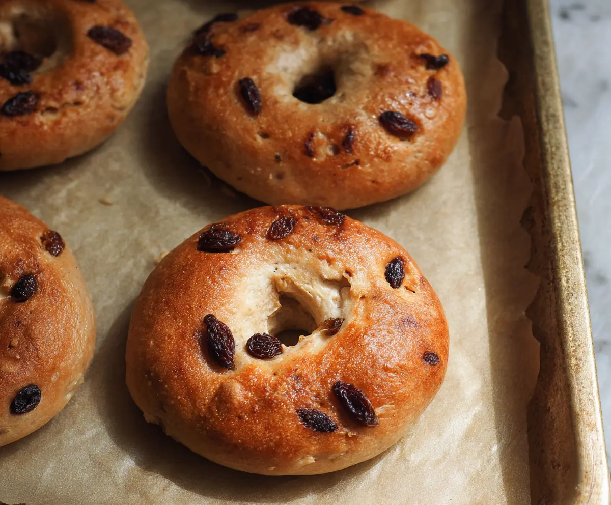 Fresh cinnamon raisin yogurt bagels on a plate, showcasing their golden-brown crust and appetizing texture.