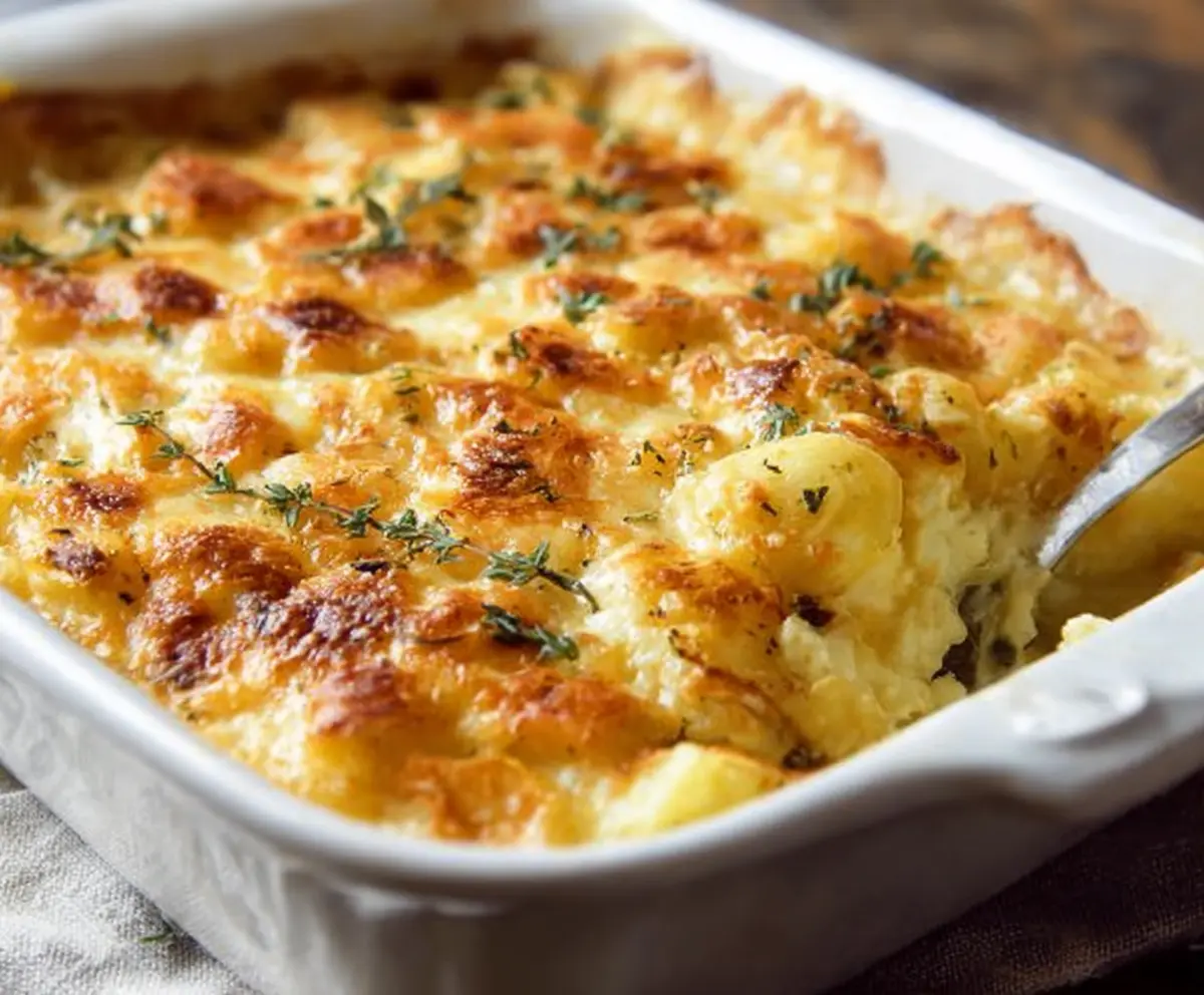 Creamy Cheddar Potato Bake garnished with fresh herbs on a white plate.