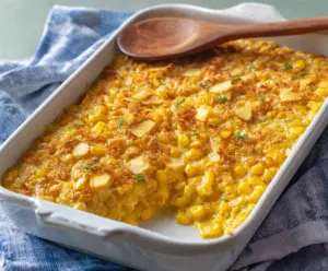 Delicious creamy scalloped corn in a baking dish, topped with golden cheese and herbs.