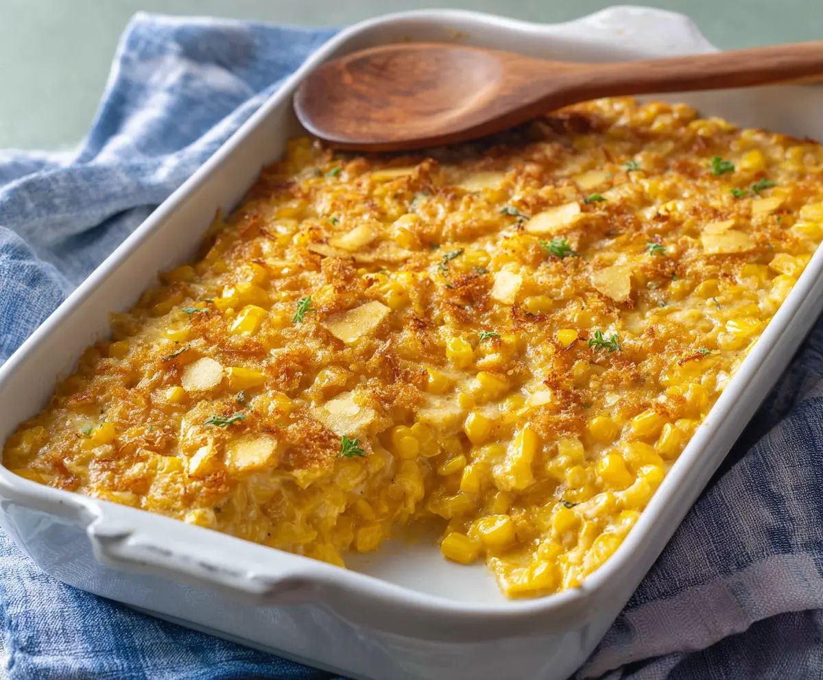 Delicious creamy scalloped corn in a baking dish, topped with golden cheese and herbs.