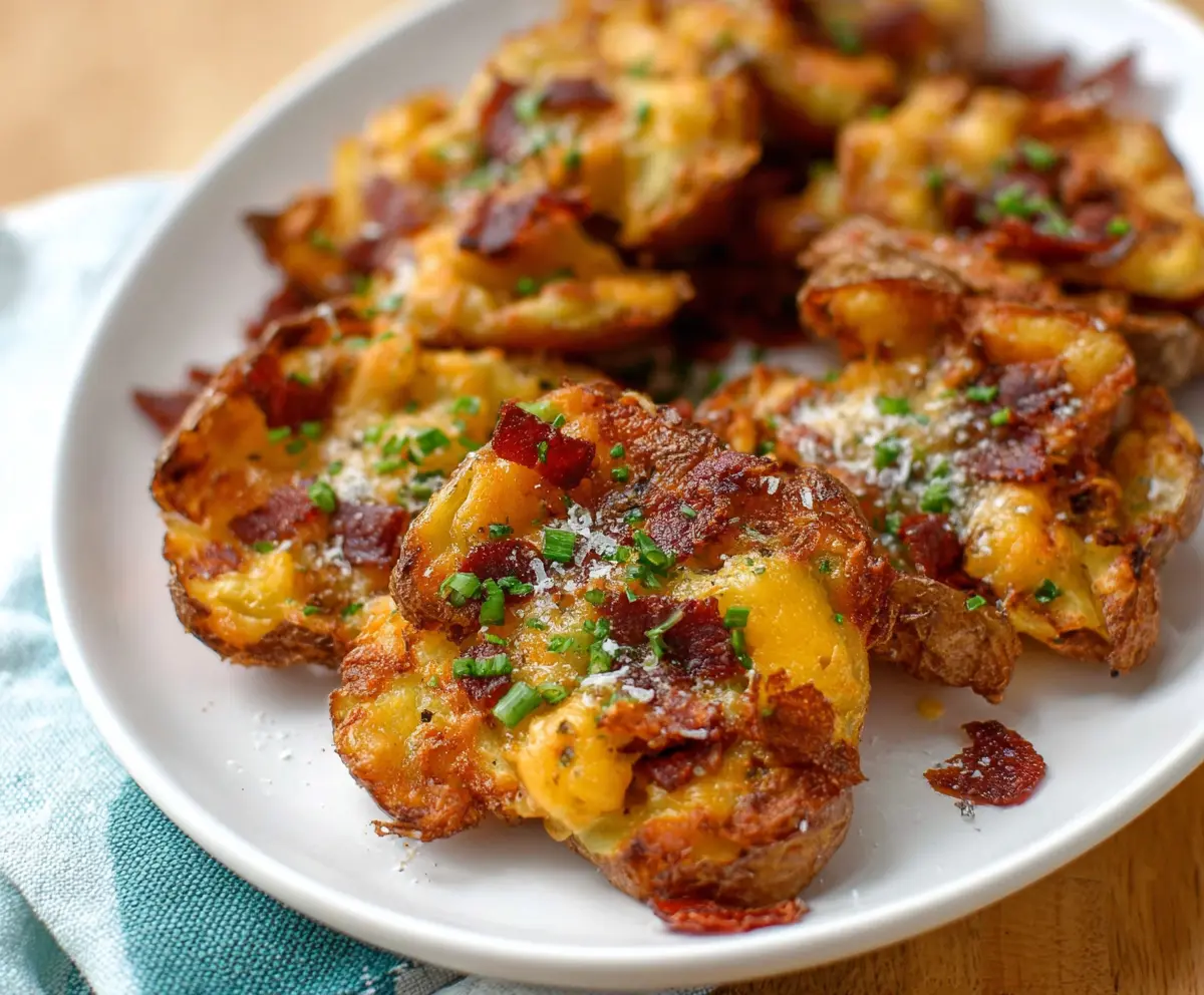 Golden and crispy cheesy smashed potatoes served as a delicious side dish.