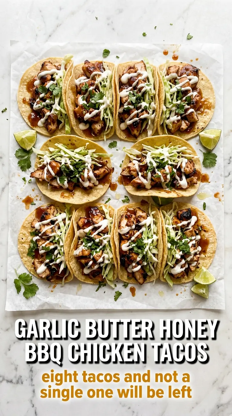 Garlic Butter Honey BBQ Chicken Tacos glossy caramelized chicken