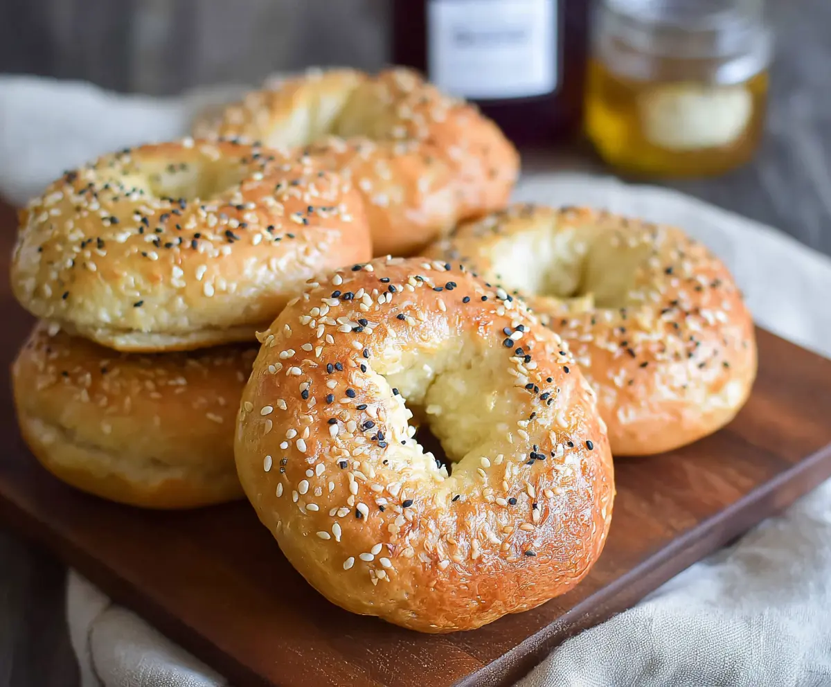Delicious gluten-free cottage cheese bagels with a golden crust on a rustic wooden background.