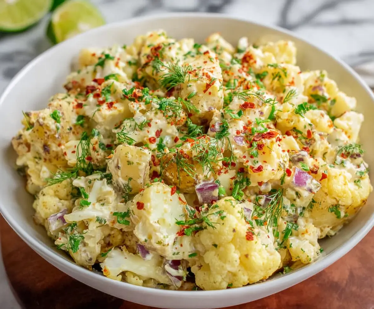 Keto cauliflower potato salad served in a bowl, garnished with herbs for a healthy low-carb meal.