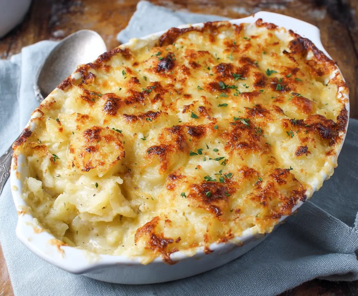 Creamy Potatoes Romanoff topped with melted cheese and fresh herbs.