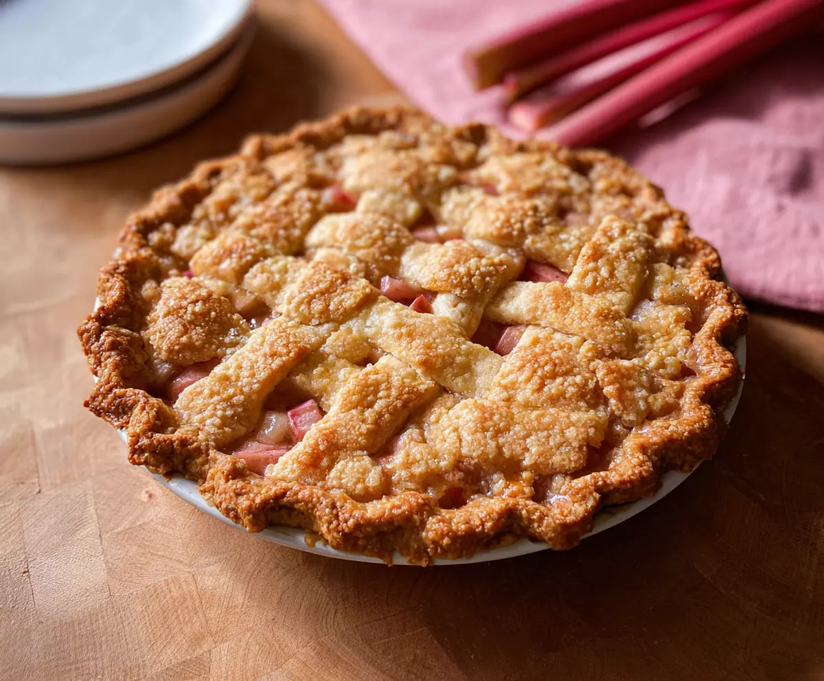 Delicious homemade rhubarb pie with a golden crust and fresh rhubarb filling