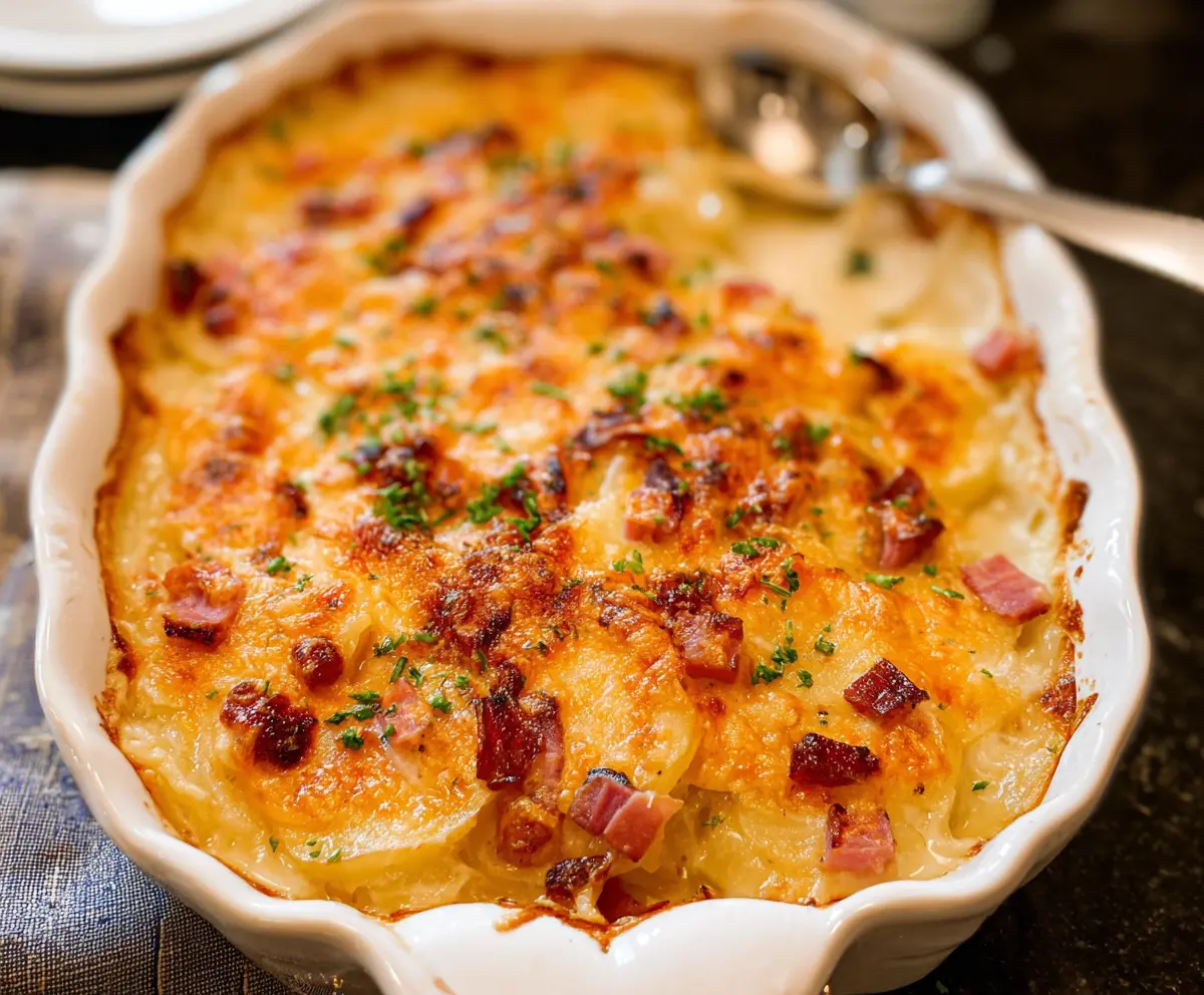 Delicious scalloped potatoes and ham casserole served on a plate, perfect for comforting family dinners.