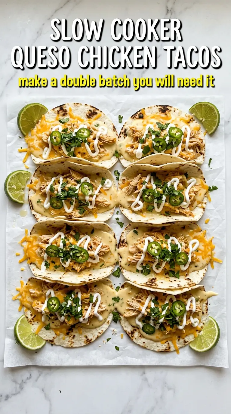 Slow Cooker Queso Chicken Tacos creamy shredded, cheesy, taco filling