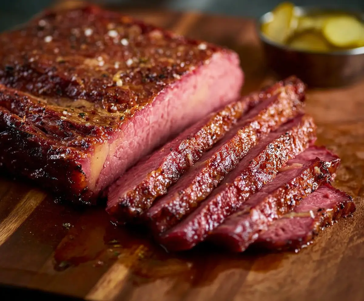 Delicious smoked corned beef served with vegetables on a rustic plate.