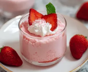 Delicious strawberry mousse in a glass bowl, topped with fresh strawberries and mint leaves.
