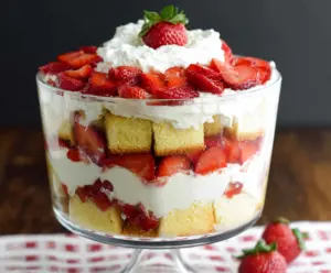 Delicious strawberry shortcake trifle featuring layers of fresh strawberries, whipped cream, and sponge cake in a clear glass bowl.