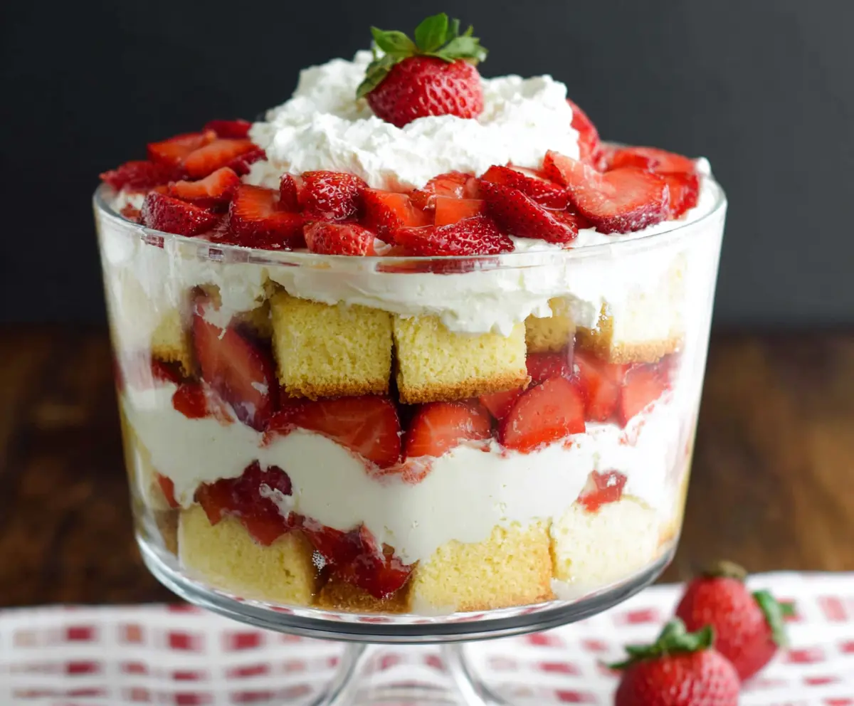 Delicious strawberry shortcake trifle featuring layers of fresh strawberries, whipped cream, and sponge cake in a clear glass bowl.