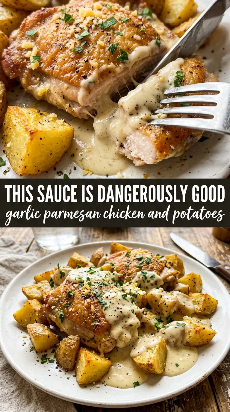Chicken and Potatoes With Garlic Parmesan Cream Sauce, creamy skillet, golden