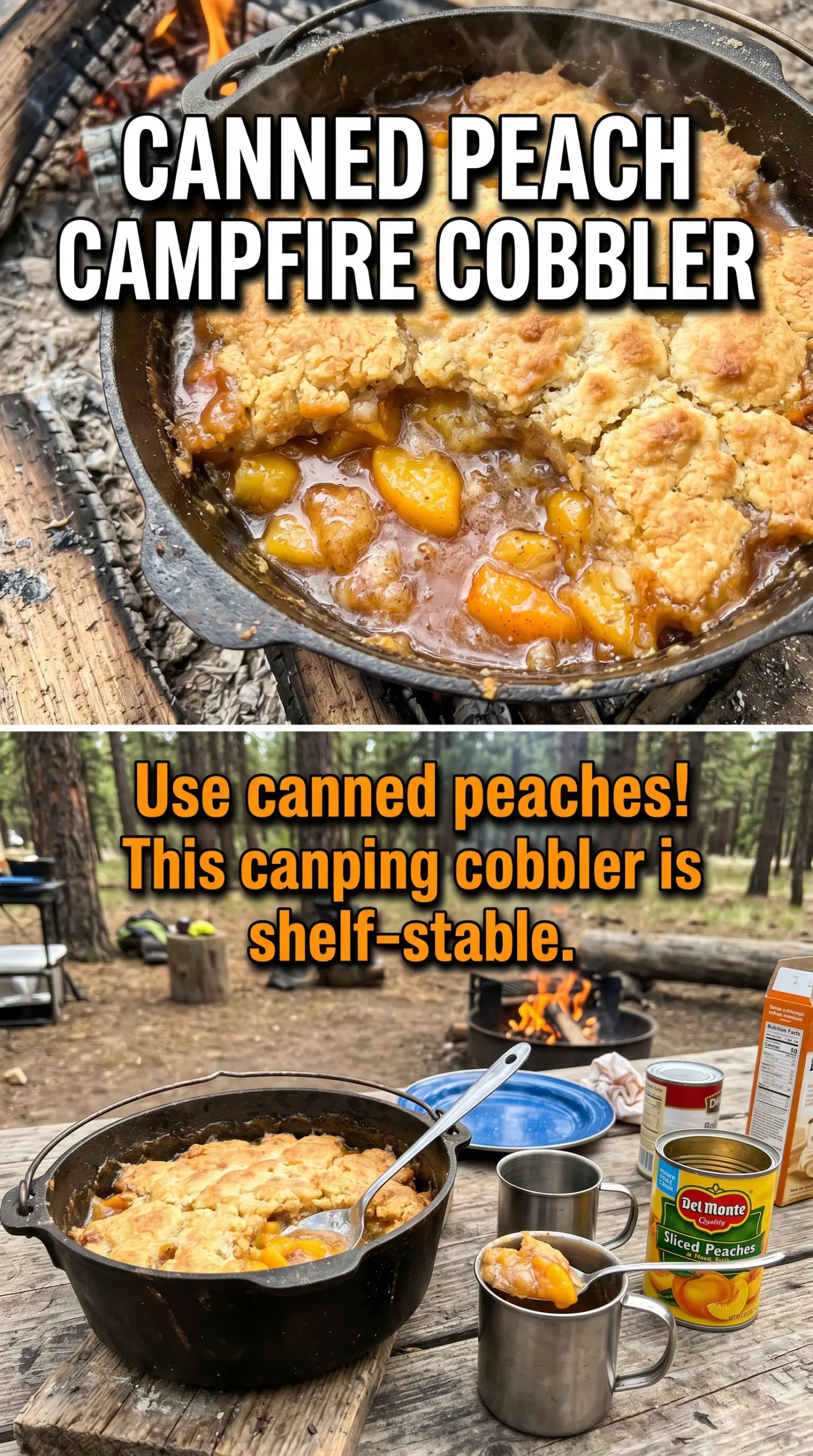 Dutch Oven Peach Cobbler golden biscuit topping, bubbling peaches