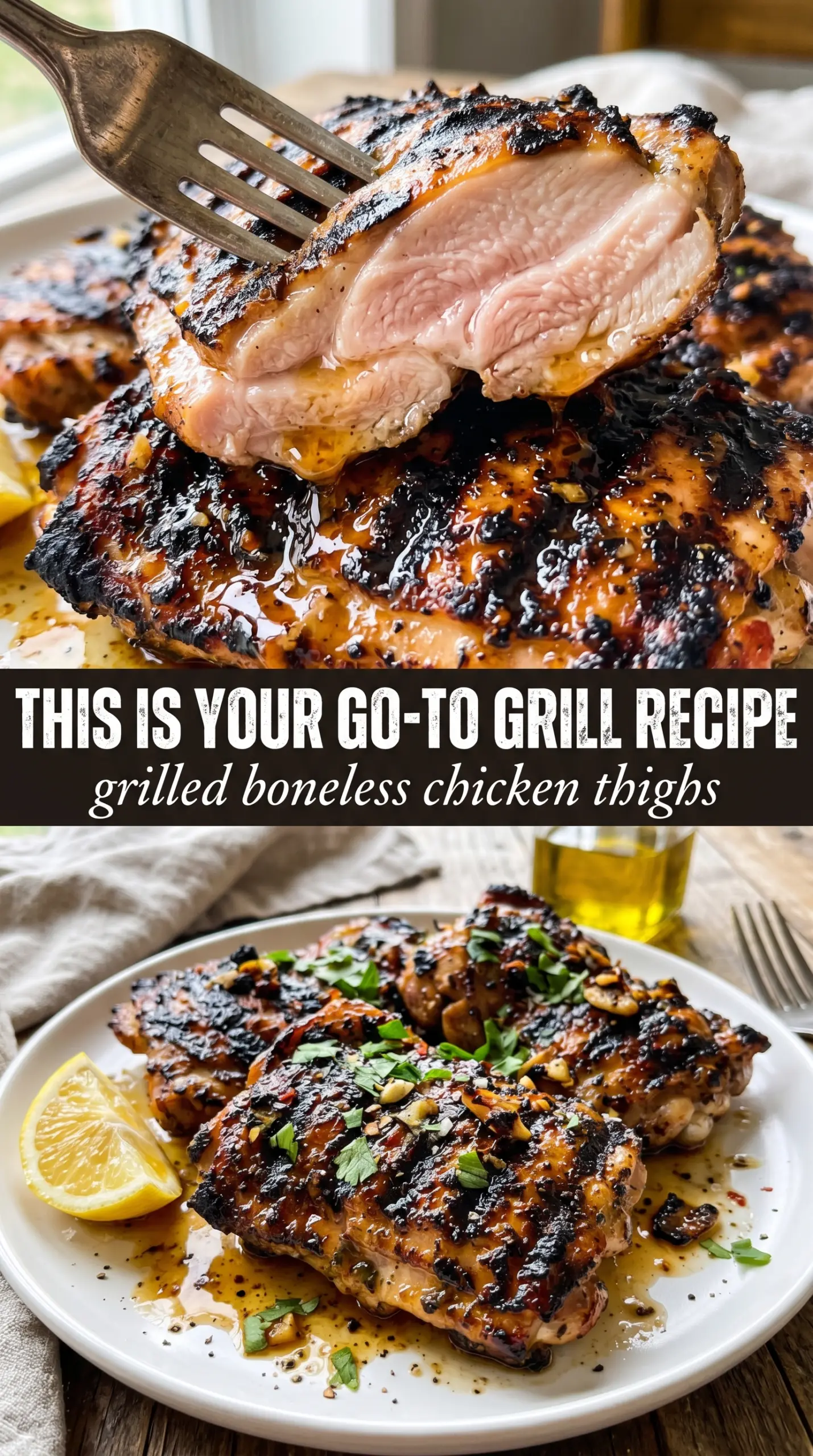 Grilled boneless chicken thighs, caramelized grill marks, juicy