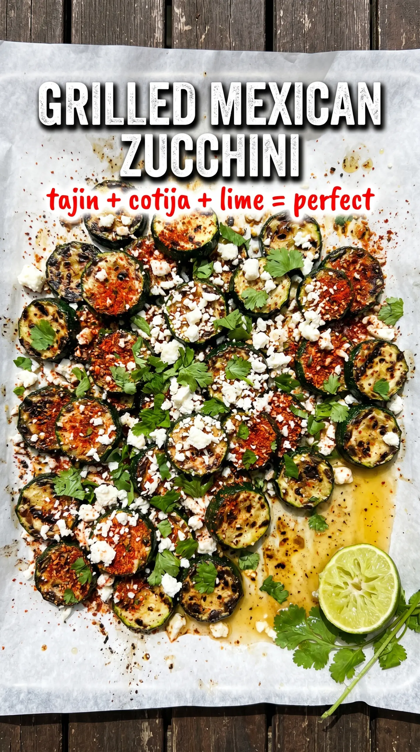 Grilled Mexican Zucchini with smoky chili lime, cotija, cilantro