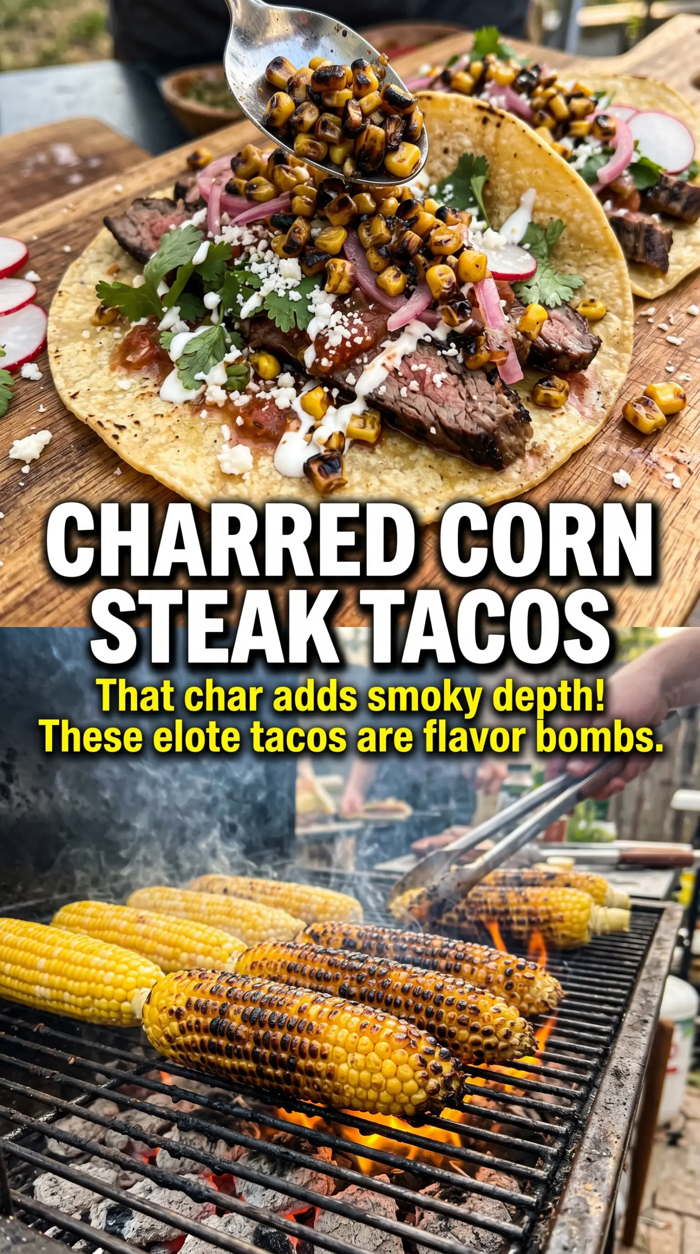 Grilled steak elote tacos smoky creamy lime