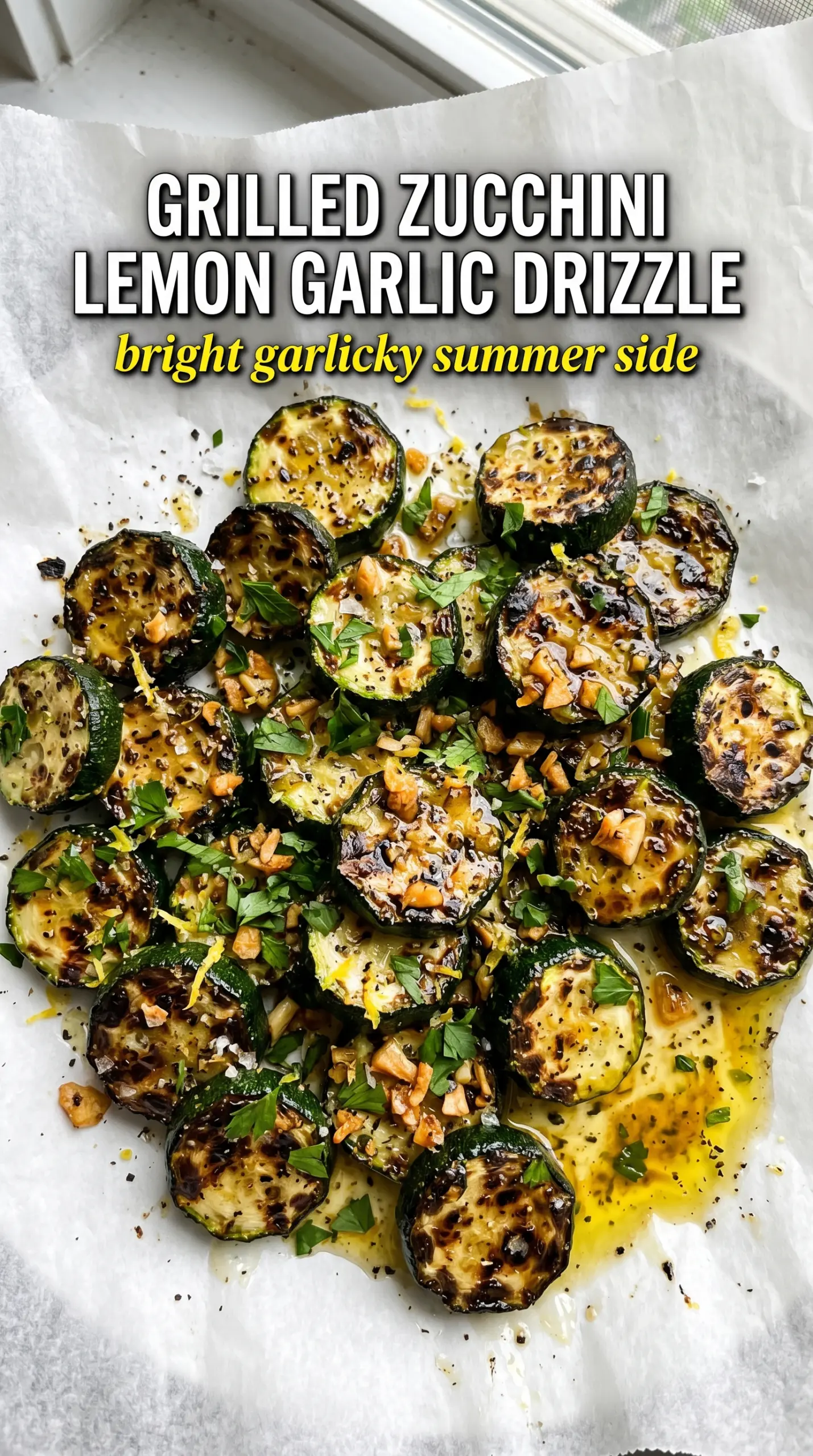 Grilled Zucchini with Lemon Garlic Drizzle, bright charred summer side