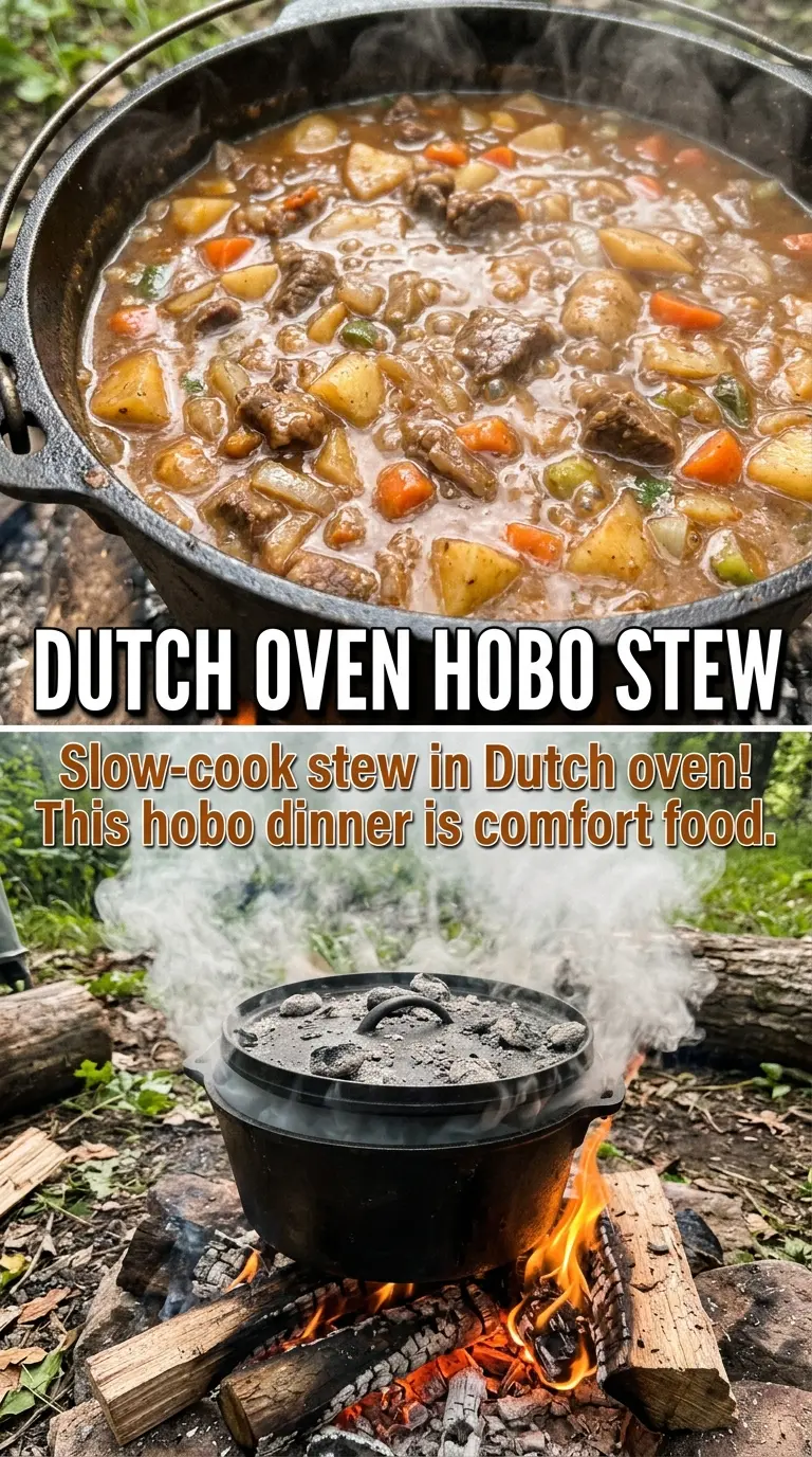 Hobo stew bubbling, hearty, campfire