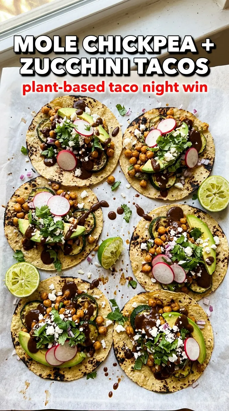Mole-Spiced Chickpea and Grilled Zucchini Tacos charred crispy vibrant