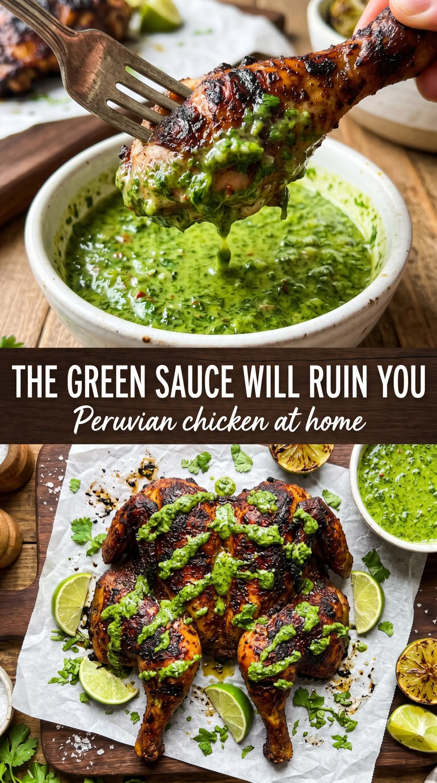 Peruvian Grilled Chicken with Creamy Green Sauce, spiced, charred, vibrant