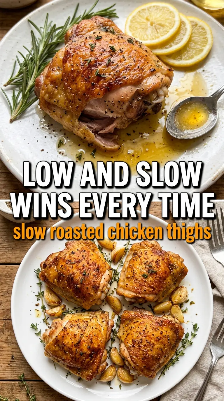 Slow Roasted Chicken Thighs deeply golden tender