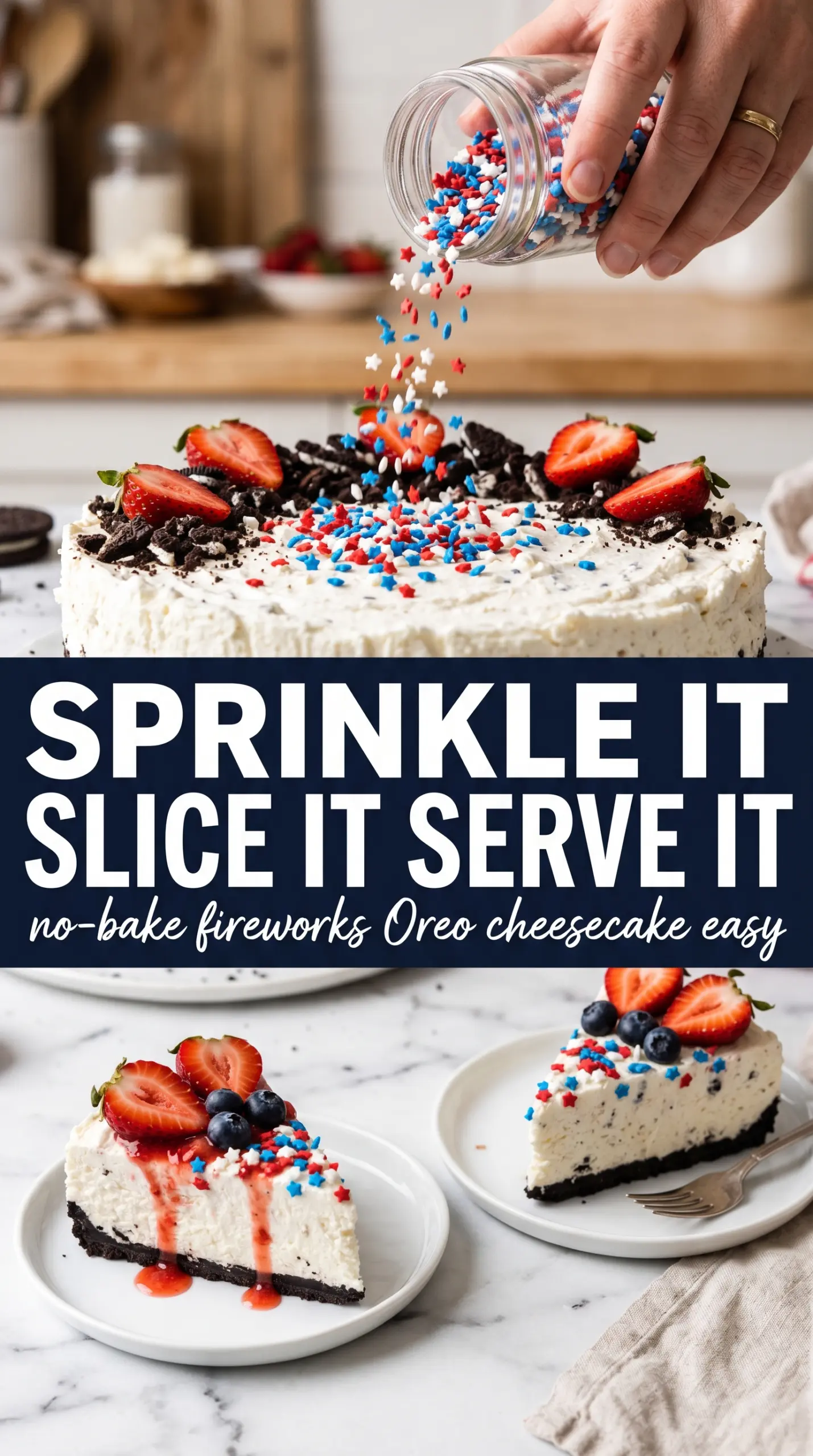 No-Bake Fireworks Oreo Cheesecake creamy Oreo crust festive
