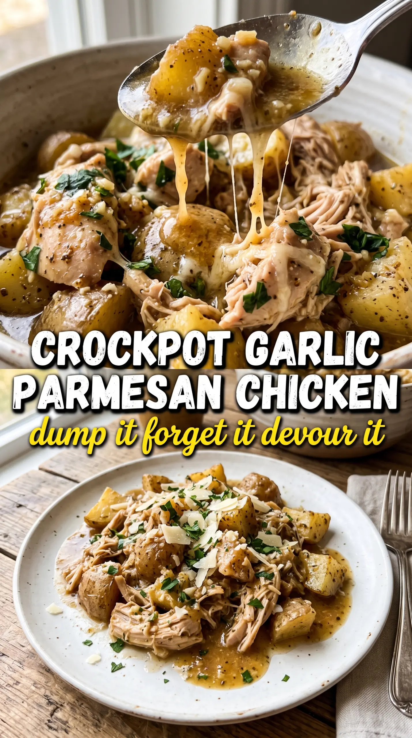 Crockpot garlic parmesan chicken and potatoes creamy tender