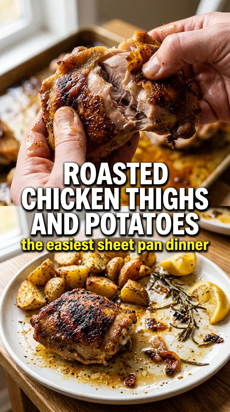 Roasted chicken thighs and potatoes golden crispy rosemary garlic