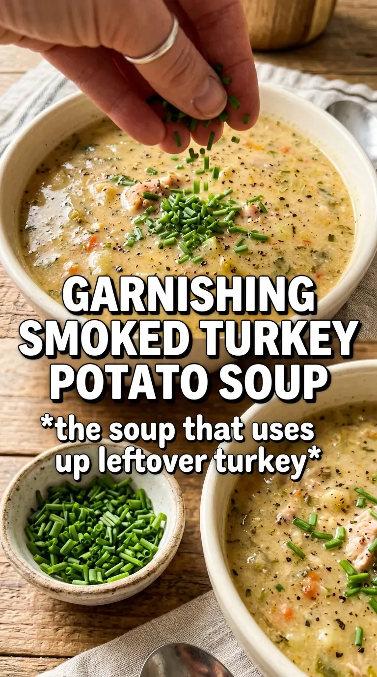 Creamy loaded potato soup with smoked turkey and chives, rich and hearty