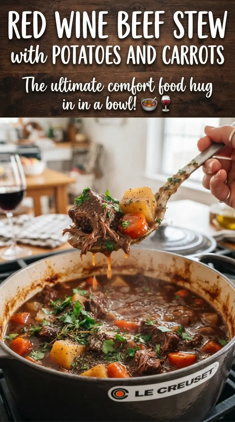 Red Wine Beef Stew with Potatoes and Carrots, hearty, braised, rustic